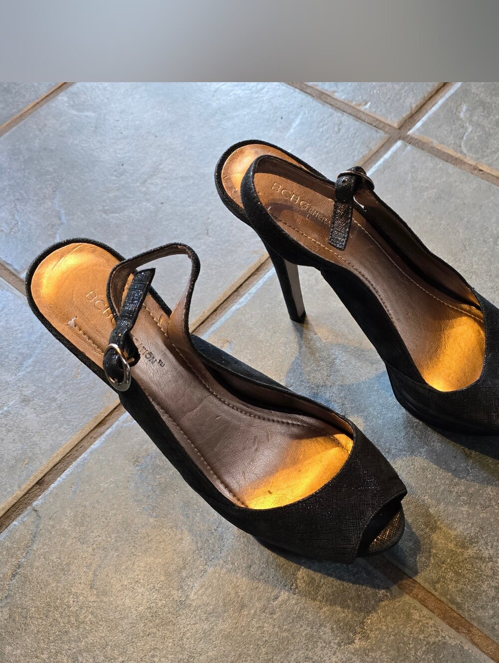 BCBG Black Peep-Toe Slingback Stiletto Heels
